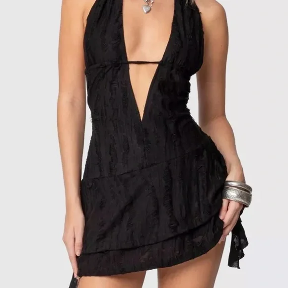 NWOT - Edikted Black Shredded Mini Dress with Plunge Neckline - Picture 1 of 11
